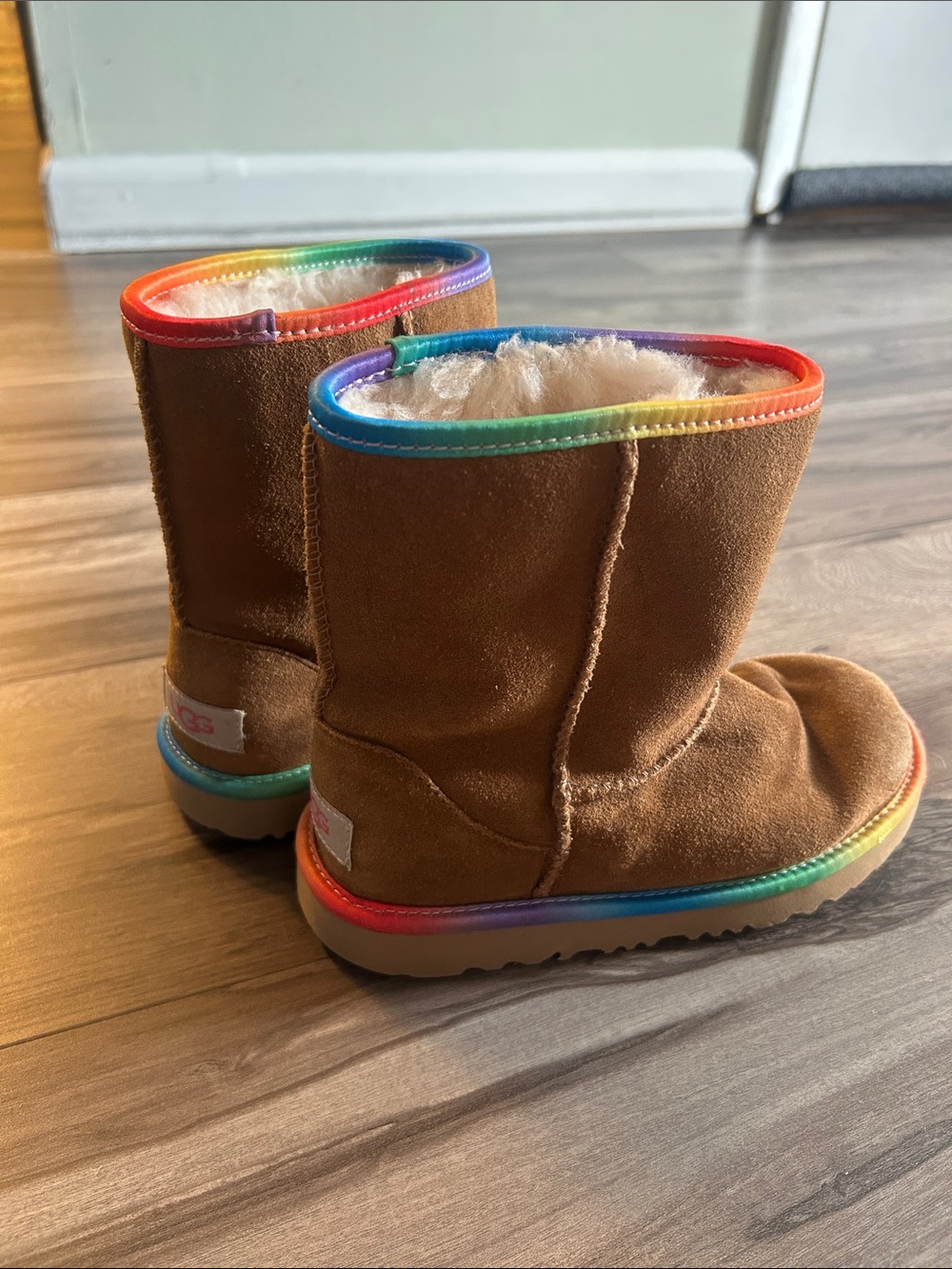 UGG Kids Brown Suede Boots with Rainbow Trim